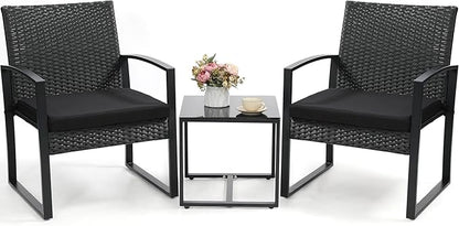 Murago Outdoor 3-Piece Wicker Bistro Set, Rattan Patio Conversation Set with Coffee Table, for Backyard Garden Poolside, Black Frame & Black Cushion