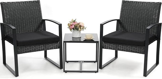 Murago Outdoor 3-Piece Wicker Bistro Set, Rattan Patio Conversation Set with Coffee Table, for Backyard Garden Poolside, Black Frame & Black Cushion