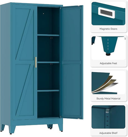 61”H Metal Kitchen Pantry Cabinet, Pantry Cabinets with 2 Doors and 3 Shelves, Kitchen Cabinet for Kitchen, Dining Room, Living Room and Bathroom, Blue