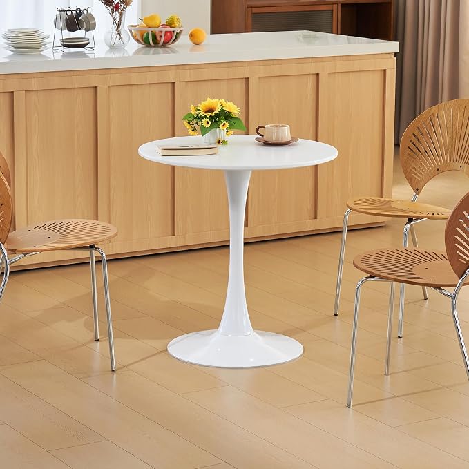 Round Dining Table, 27.6" Circle Tulip Table with Thickened Tabletop & Metal Pedestal, Mid Century Modern Bistro Table for Kitchen, Small Places, Living Room, Cafe (White)