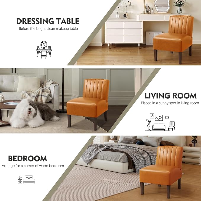 Armless Accent Chairs Upholstered Dining Chairs Living Room Chairs with Solid Wood Legs Leather Reading Chair for Adults Comfy Chair for Bedroom Vanity Kitchen (Brown)