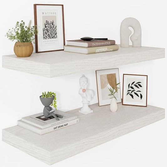 Vivelove 12 Deep Floating Shelves for Wall, 30 Inch Shelves for Room Wall Mounted, 2" Thick Floating Shelf for Living Room Bedroom Bathroom Kitchen Laundry Room, Set of 2 White Birch