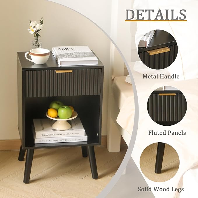 Fultyle Fluted Black Nightstand with Charging Station, Mid Century Modern Bedside Table with Drawers and Outlet, Side Tables Living Room, Wooden Night Stand for Bedroom, Office (Black)