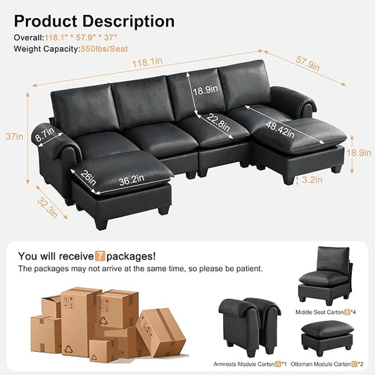 118" Faux Leather Modular Sectional Sofa with 2 Ottoman, Oversized 4 Seater Couch with Curved Armrests, Cloud Modern U-Shaped Sofa Deep Seat for Living Room, Black
