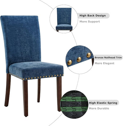 COLAMY Upholstered Parsons Dining Chairs Set of 6, Fabric Dining Room Kitchen Side Chair with Nailhead Trim and Wood Legs - Dark Blue