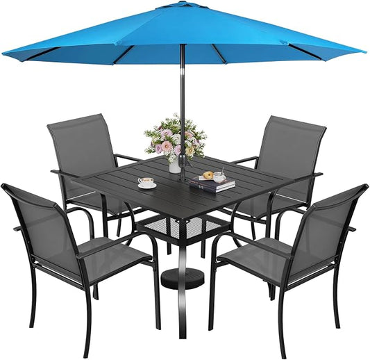 SUNCROWN 6 - Piece Outdoor Dining Set, Patio Furniture Set with 4 Textilene Dinning Chairs, 1 Steel Slat Metal Bistro Table and 1 Sky Blue 9Ft Patio Umbrella for Lawn Garden Backyard Deck, Grey