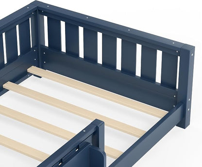 Bellemave Twin Size Floor Bed with high Rails and with Built-in Bookshelf for Kids, Girls, Boys, Wood Montessori Floor Bed Without Door, Blue