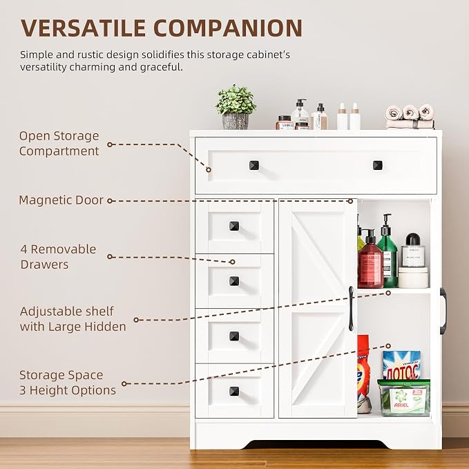 Vabches Farmhouse Storage Cabinet with 2 Doors and 5 Drawers, Freestanding Bathroom Cabinets Kitchen Pantry, Floor Storage Cabinet Hutch Cupboard for Living Room/Bathroom/Kitchen.White