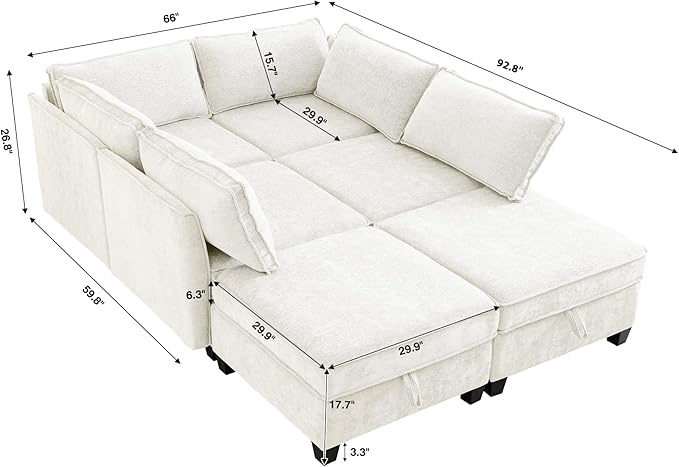 ORRD Sleeper Modular Sectional Sofa Set, Convertible Couch Bed with Storage, 6 Seater and 4 Armrestes Sofa Modular for Living Room, Office (Beige)