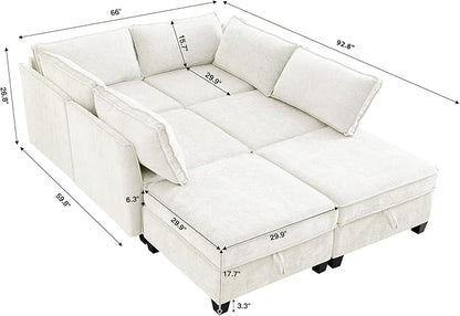 ORRD Sleeper Modular Sectional Sofa Set, Convertible Couch Bed with Storage, 6 Seater and 4 Armrestes Sofa Modular for Living Room, Office (Beige)