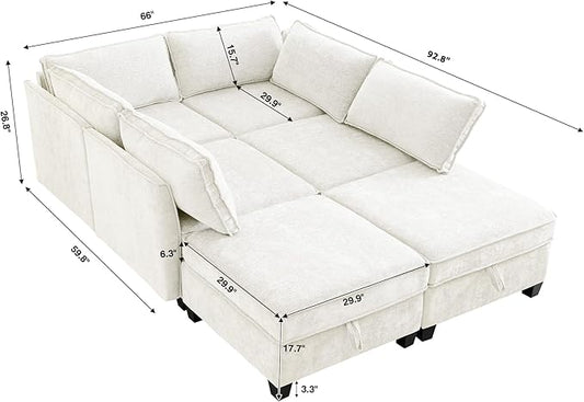 ORRD Sleeper Modular Sectional Sofa Set, Convertible Couch Bed with Storage, 6 Seater and 4 Armrestes Sofa Modular for Living Room, Office (Beige)