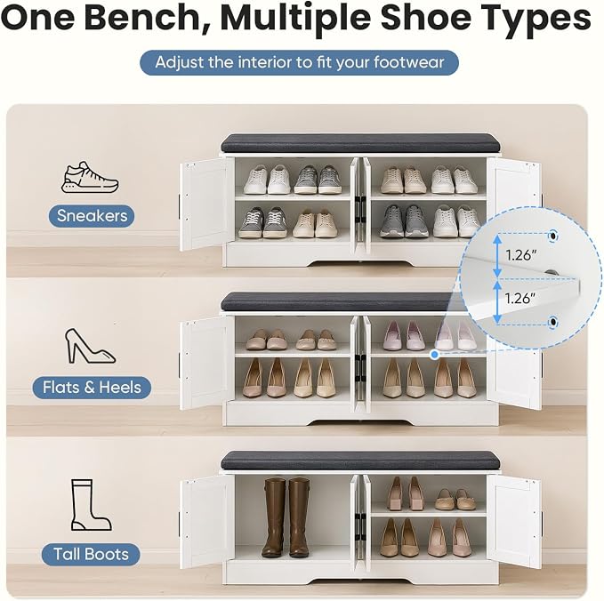 NEWBULIG Shoe Storage Bench for Entryway with Cushion, 47.2IN, White | Shoe Organizer Cabinet with Padded Cushion and Doors, Adjustable Shelves, Shoes Bench for Hallway, Mudroom, Bedroom