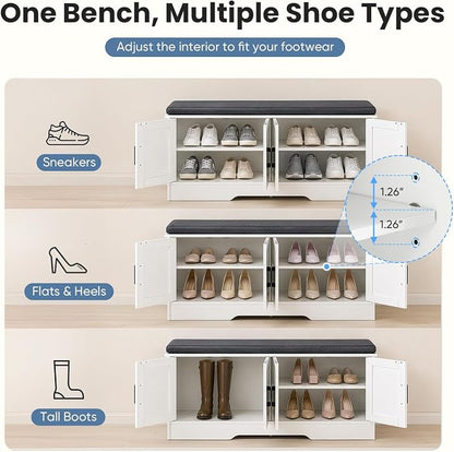 NEWBULIG Shoe Storage Bench for Entryway with Cushion, 47.2IN, White | Shoe Organizer Cabinet with Padded Cushion and Doors, Adjustable Shelves, Shoes Bench for Hallway, Mudroom, Bedroom