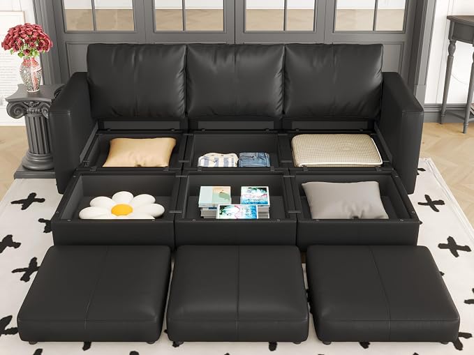 EASE MOOSE Faux Leather Sectional Sleeper Couch with Storage, Faux Leather Modular Sofa Bed Couch