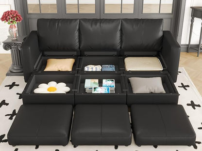 EASE MOOSE Faux Leather Sectional Sleeper Couch with Storage, Faux Leather Modular Sofa Bed Couch