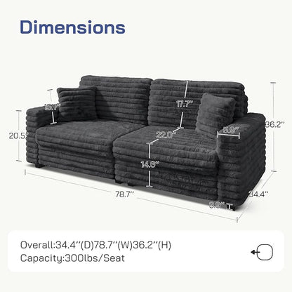 78.7" Corduroy Love Seat Sofa, Cloud Deep Seat Couch with Legs 2 Pillows, Fluff Corduroy Loveseat for Small Space, Living Rooms and Apartment, Dark Grey