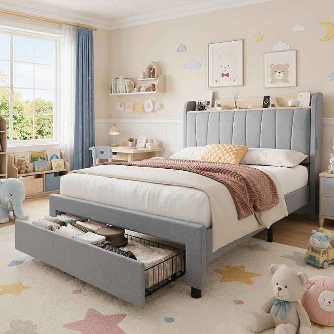 GarveeHome Twin Size Bed Frame with Storage Headboard and Charging Station, Upholstered Platform Bed Frame with Drawers, Heavy Duty, No Box Spring Needed, Easy Assembly, Grey
