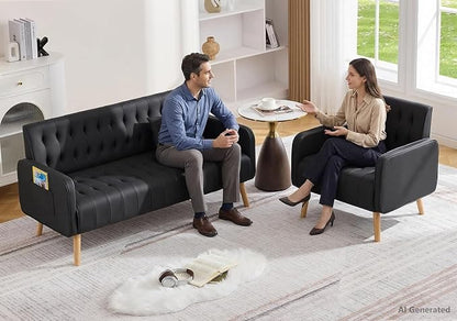 Black Leather Loveseat and Accent Chair, Small Couch w/USB Charging & Pockets, Mid Century Modern Tufted Love Seat and Chair Set, Mini Office Sofa for Living Room, Apartment