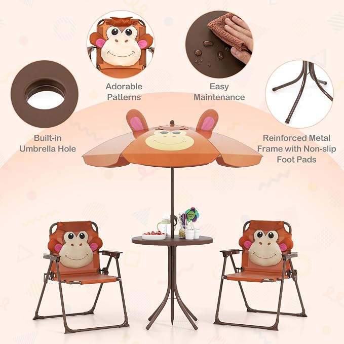 HONEY JOY Kids Picnic Table, Animal Themed Toddler Outdoor Table and Chair Set, 2 Folding Chairs & Removable Umbrella, Children Outdoor Furniture for Backyard Patio Garden (Brown Monkey)