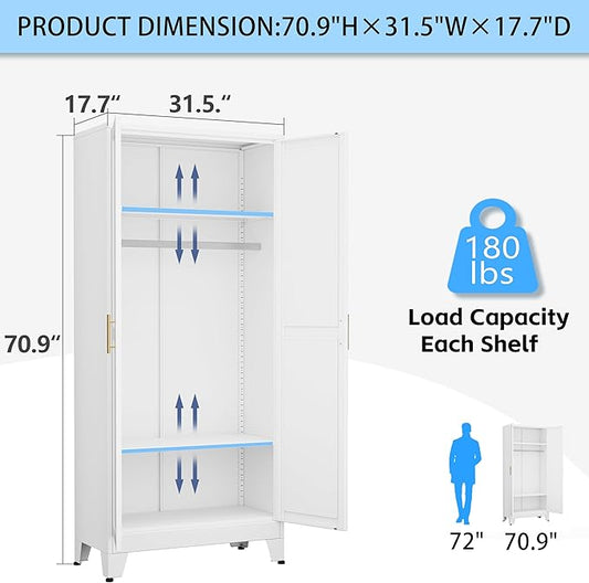 erosoei 71 "Metal Armoire Wardrobe Closet, Steel Clothing Storage Cabinet with Adjustable Shelves and Hanging Rod, Household Steel Wardrobe Storage Cabinet with Adjustable Standing feet (White)