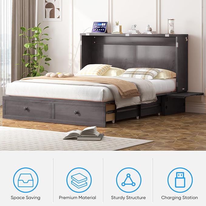 PUREMIND Murphy Bed Queen with Mattress Included, Hideaway Wallbed Cabinet Bed with 2 Storage Drawers, USB Charging Ports & Headboard, Space-Saving Chest Beds for Home, Guest Room, Gray