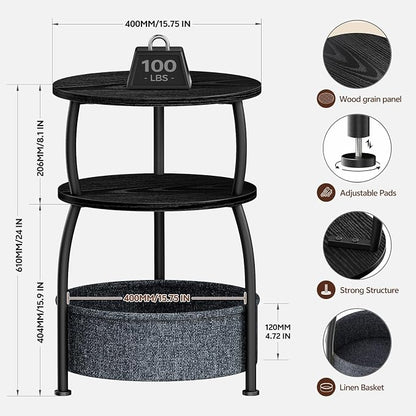 Round Side Table with Storage Basket, End Table Living Room, Black | Round End Table Small Spaces, Bedside Table for Bedroom, 3 Tiers, Sofa Couch Side Table, Greige 15.75 x 24in