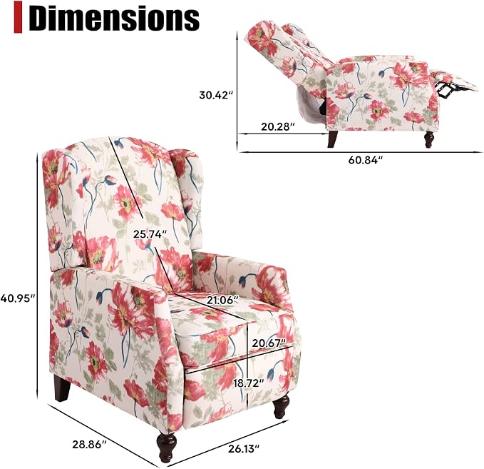 Upholstered Wingback Recliner Chair, Traditional Push Back Recliner Chair with Padded Seat, Fabric Floral Chair Wingback Recliner with Wooden Legs, Small Recliners for Small Spaces