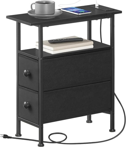 HOOBRO End Table with Charging Station, Narrow Side Table with 2 Fabric Drawers, Skinny Nightstand with Storage, Slim Bedside Table for Bedroom, Living Room, Small Spaces, Black BB487UBZ01