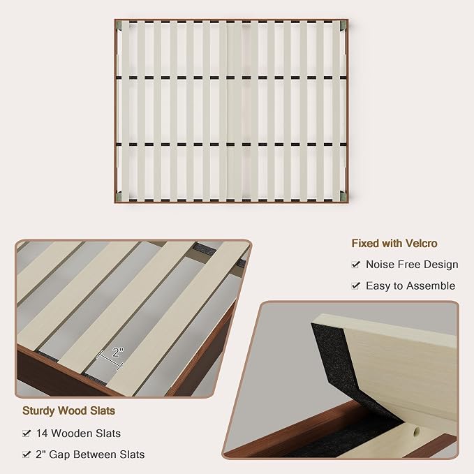 Yumori 12.9 Inch Minimalist Style Full Size Bed Frame, Wood Platform Bed with Wood Slat Support, No Box Spring Needed, Easy Assembly, Walnut