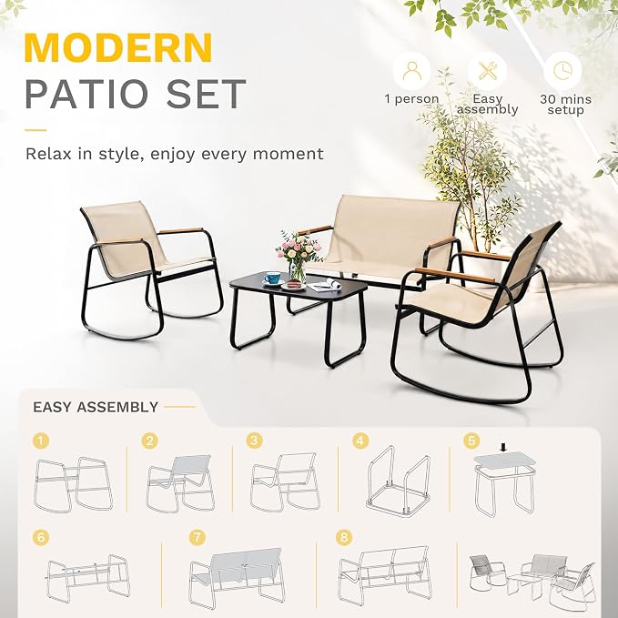 DWVO 4-Piece Patio Furniture Set, Textilene Conversation Set with Wooden Armrest Rocking Chairs and Tempered Glass Table for Indoor Outdoor Patio Lawn Garden Poolside, Brown