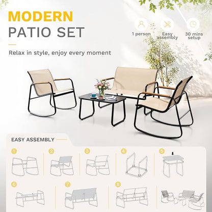 DWVO 4-Piece Patio Furniture Set, Textilene Conversation Set with Wooden Armrest Rocking Chairs and Tempered Glass Table for Indoor Outdoor Patio Lawn Garden Poolside, Brown