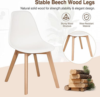 VECELO Dining Chairs Set of 4, Mid-Century Modern Kitchen & Dining Room Chairs, Molded Plastic Seat & Back, Solid Wood Legs, Armless, Non-Slip Feet, White