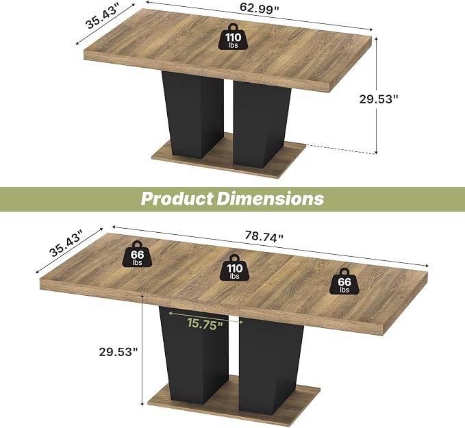 Zevemomo 63"-78.7" Expandable Dining Table, 6-10 Rectangle Table, Extendable Console Table, Wooden Farmhouse Kitchen Table with Metal Track & Dual Column Base for Living, Office-Brown