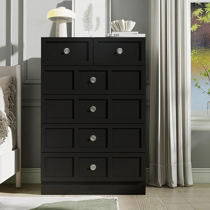 6 Drawer Dresser for Bedroom: 24" Black Chest of Drawers with Deep Drawers, Tall Fluted Dresser with Storage, Modern Wood Dressers for Bedroom, Living Room