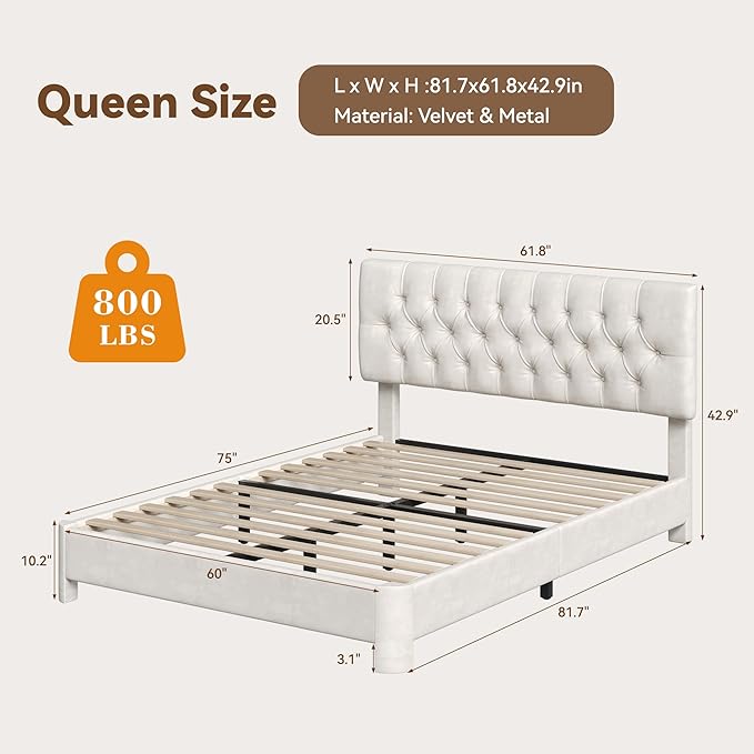Queen Size Bed Frame with Headboard, Luxury Velvet Fabric Upholstered Bed frame with Button Tufted Design, Strong Wooden Slats Support - Low & Sturdy, Noise-Free, No Box Spring, Easy Assembly, Beige | Plush velvet