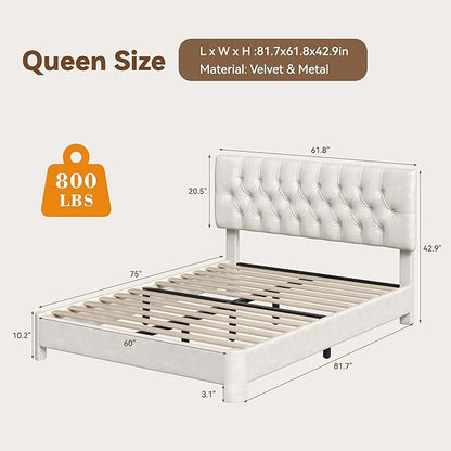 Queen Size Bed Frame with Headboard, Luxury Velvet Fabric Upholstered Bed frame with Button Tufted Design, Strong Wooden Slats Support - Low & Sturdy, Noise-Free, No Box Spring, Easy Assembly, Beige | Plush velvet