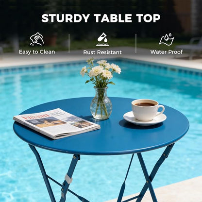 Grand patio 3-Piece Folding Bistro Set, 2 Chairs and 1 Table, Weather-Resistant Outdoor/Indoor Conversation Set for Patio, Yard, Garden -Peacock Blue