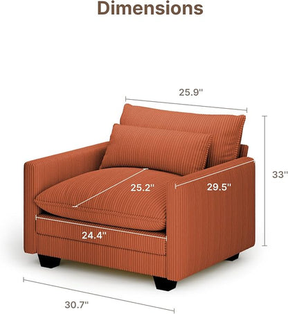 Gizoon Cloud Accent Chair with Washable Cover, Corduroy Single Sofa Chair with Comfy Deep Seat, Modern Armchair with Pillow for Living Room Bedroom, Orange