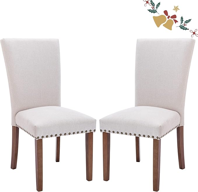 Upholstered Fabric Dining Chairs Set of 2, Parsons Dining Room Kitchen Side Chair with Nailhead Trim and Wood Legs - Beige