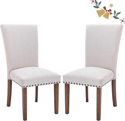 Upholstered Fabric Dining Chairs Set of 2, Parsons Dining Room Kitchen Side Chair with Nailhead Trim and Wood Legs - Beige
