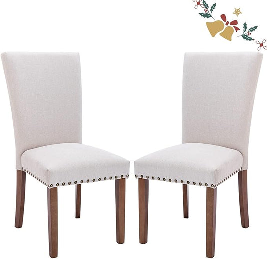 Upholstered Fabric Dining Chairs Set of 2, Parsons Dining Room Kitchen Side Chair with Nailhead Trim and Wood Legs - Beige