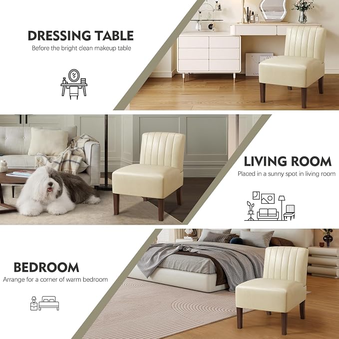 Armless Accent Chairs Set of 2 Upholstered Dining Chairs Living Room Chairs with Solid Wood Legs Bedroom Chair Leather Reading Chair Comfy Chair for Bedroom Vanity Kitchen (Beige)