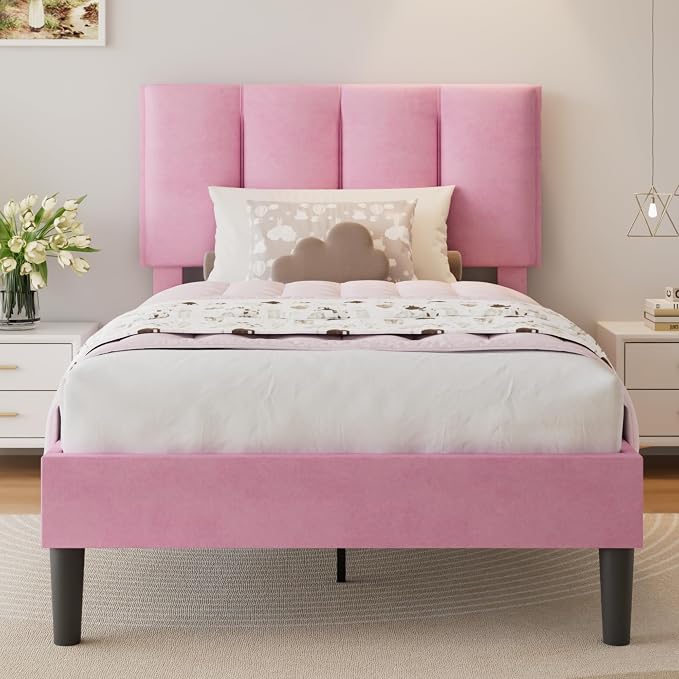VECELO Twin Size Bed Frame with Upholstered Headboard, Heavy-Duty Bedframe with Wooden Slats & Steel Framework, Easy Assembly, Velvet & Pink