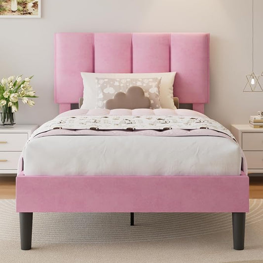 VECELO Twin Size Bed Frame with Upholstered Headboard, Heavy-Duty Bedframe with Wooden Slats & Steel Framework, Easy Assembly, Velvet & Pink