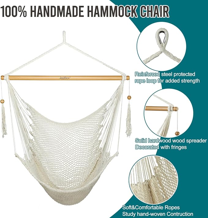 JoyView Hammock Chair with Spreader Bar Caribbean Hammock Swing Chair 300 LBS Weight Capacity XL Rope Hanging Chair for Outdoor Indoor Garden Yard - Natural White