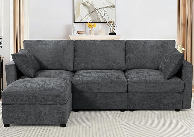 84” Chenille 3-Seats Sofa W/Movable Ottoman, Grey | Modern Fabric L-Shaped Couch w/Soft Backrests, Upholstered Sectional Sofa w/Arm Pillows for Living Room