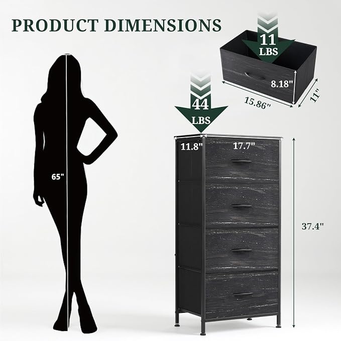 4 Drawers Dresser for Bedroom, Fabric Storage Tower Organizer with Wooden Top and Steel Frame, Tall Chest of Drawers for Closet, Entryway, Dorm, Charcoal Black