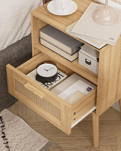 Aienvey Rattan Nightstand, Small Night Stand, Side Table with Drawer Open Shelf, Cane Accent Bedside End Table with Wood Legs, Mid Century Modern Nightstand for Bedroom, Oak (Mid-Century Modern)