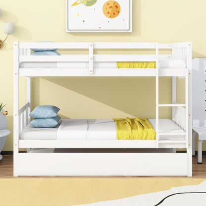 Harper & Bright Designs Convertible Wood Twin-Over-Twin Bunk Bed with Trundle and Ladder - Can Be Divided Into Two Platform Beds (White)