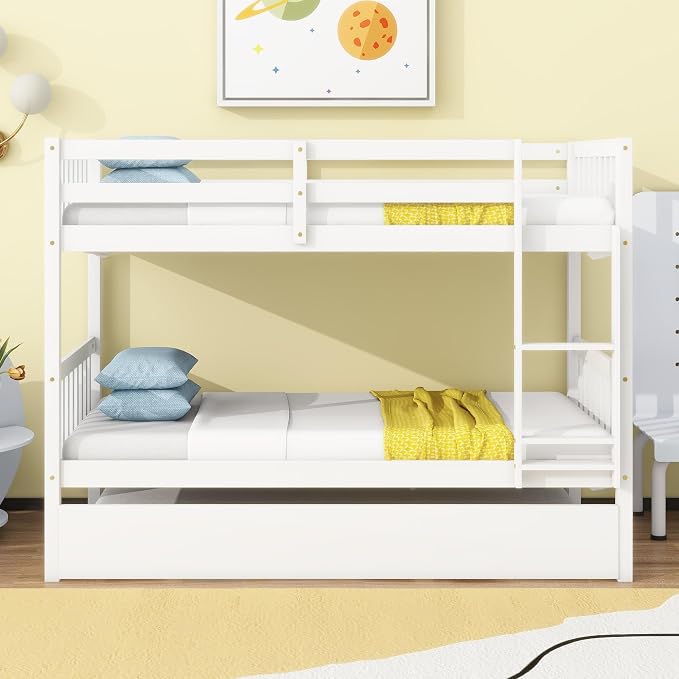 Merax Twin-Over-Twin Bunk Bed with Movable Trundle, Solid Wood Detachable Bunk Bed with Safety Guardrial and Ladder, Can be Converted Into 3 Separate Beds(White)